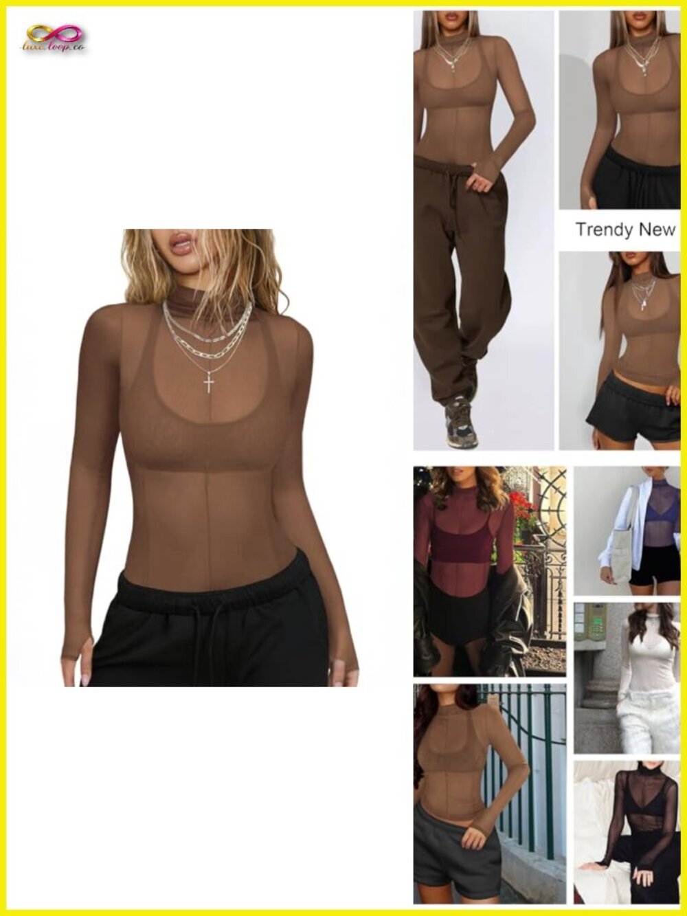 Mesh Sheer Long Sleeve Mock Neck Layering Tee See Through Party Club Top